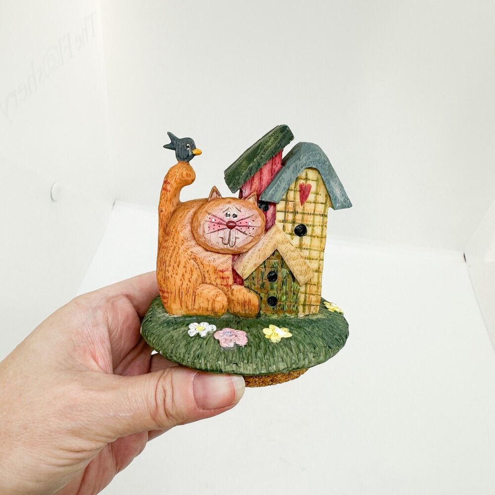 Vintage Resin Orange Cat Bird House Jar Lid Topper Figurine